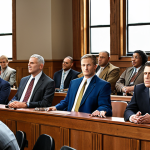 **Accountable Government Officials:** Government officials at a town hall meeting, confidently answering questions from a diverse group of citizens, ensuring transparency.