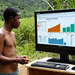 **Prompt:** A diverse team of policy researchers engaged in problem identification and data collection. One researcher is seen conducting a qualitative interview with a local community member in a vibrant, natural setting, symbolizing human stories. In the background, another researcher analyzes complex quantitative data visualizations (charts, graphs, maps) on large, transparent screens, representing statistical analysis. The scene captures the blend of traditional fieldwork and modern data processing, emphasizing both the depth of human experience and the breadth of statistical insight. The overall atmosphere is insightful and collaborative, highlighting the foundational stages of policy development.