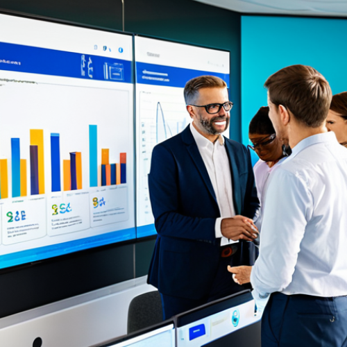 A diverse group of professional individuals, including policy makers, data analysts, and community representatives, fully clothed in modest business attire, collaborating around a large interactive digital display in a modern, sunlit collaborative workspace. The screen shows vibrant data visualizations, charts, and AI-driven insights related to policy impact. The atmosphere is engaged and innovative, reflecting a data-driven approach to decision-making. The subjects have perfect anatomy, correct proportions, natural poses, well-formed hands, and proper finger counts. Professional photography, high quality, safe for work, appropriate content, family-friendly.