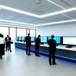 A diverse group of professional government employees and citizens interacting within a brightly lit, modern e-governance service center. All individuals are fully clothed in professional business attire and modest clothing. The space features sleek digital kiosks, large interactive screens displaying data visualizations, and comfortable seating areas. The atmosphere is efficient and welcoming, showcasing seamless digital services. Perfect anatomy, correct proportions, natural poses, well-formed hands, proper finger count, natural body proportions. Safe for work, appropriate content, family-friendly, high-quality professional photography, detailed, realistic, sharp focus.