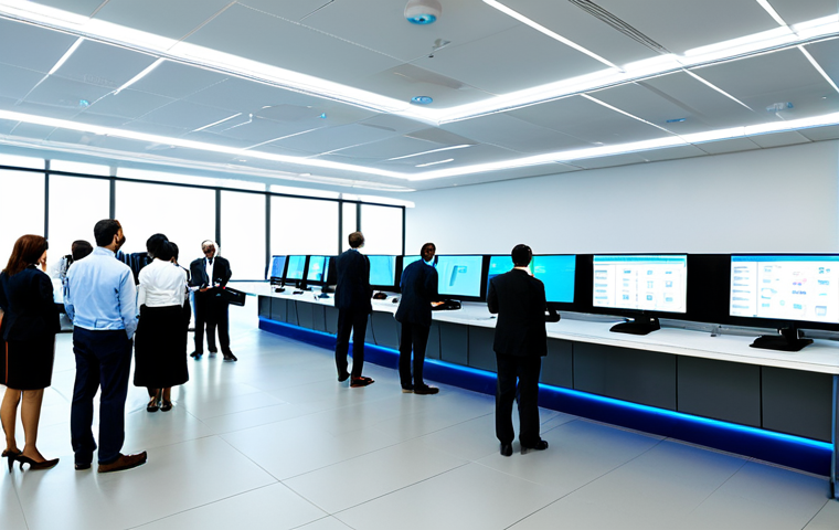 A diverse group of professional government employees and citizens interacting within a brightly lit, modern e-governance service center. All individuals are fully clothed in professional business attire and modest clothing. The space features sleek digital kiosks, large interactive screens displaying data visualizations, and comfortable seating areas. The atmosphere is efficient and welcoming, showcasing seamless digital services. Perfect anatomy, correct proportions, natural poses, well-formed hands, proper finger count, natural body proportions. Safe for work, appropriate content, family-friendly, high-quality professional photography, detailed, realistic, sharp focus.