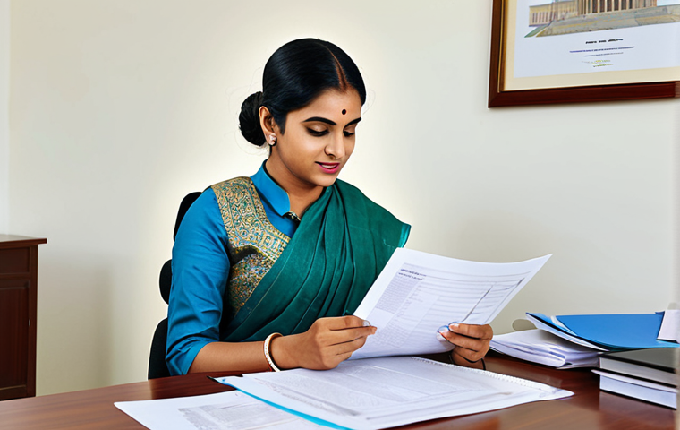 행정의 질적 평가 - **
"A professional government employee in a modest sari, reviewing documents at a desk in a well-li...