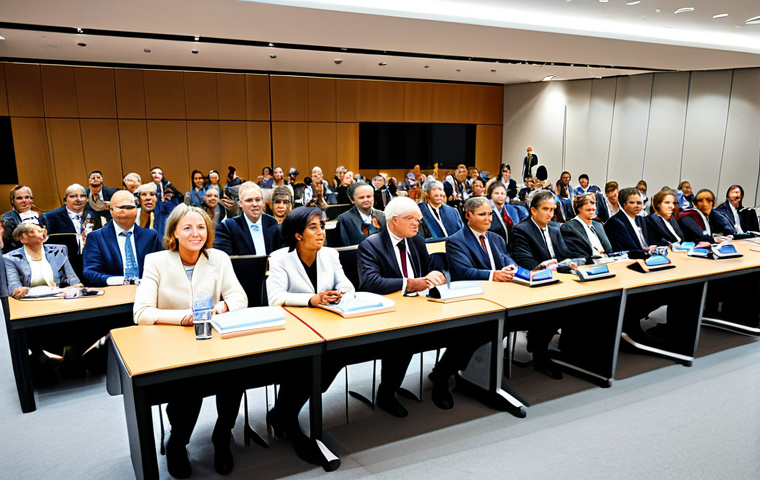 행정학 국제적 비교 - A diverse group of international civil servants in professional attire, attending a global governanc...