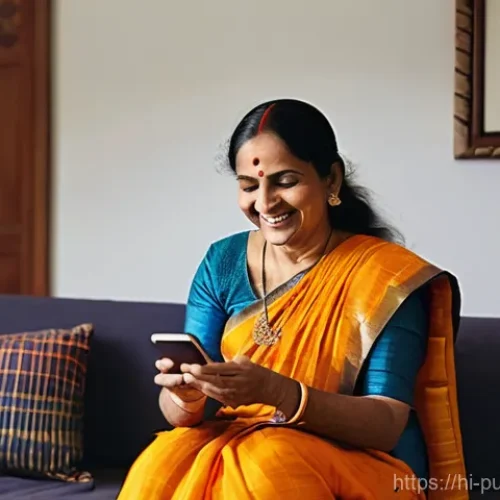 Home 22 공공부문 정보 기술 - **Prompt:** A joyful, middle-aged Indian woman, dressed in a vibrant, traditional saree, sits comfor...