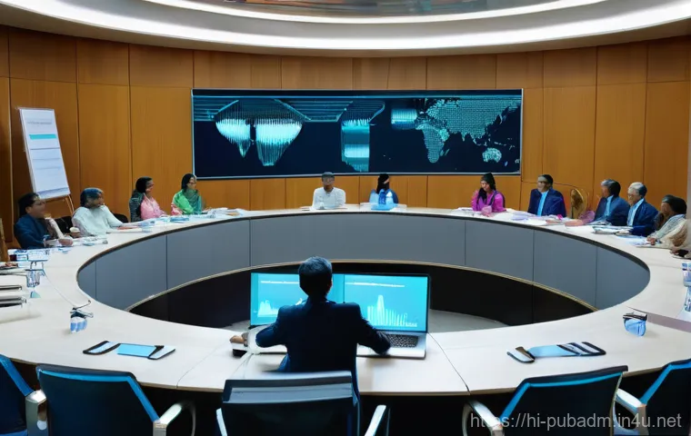 공공정책 분석 - **Prompt:** A vibrant and bustling scene inside a modern Indian government building. Diverse group o...