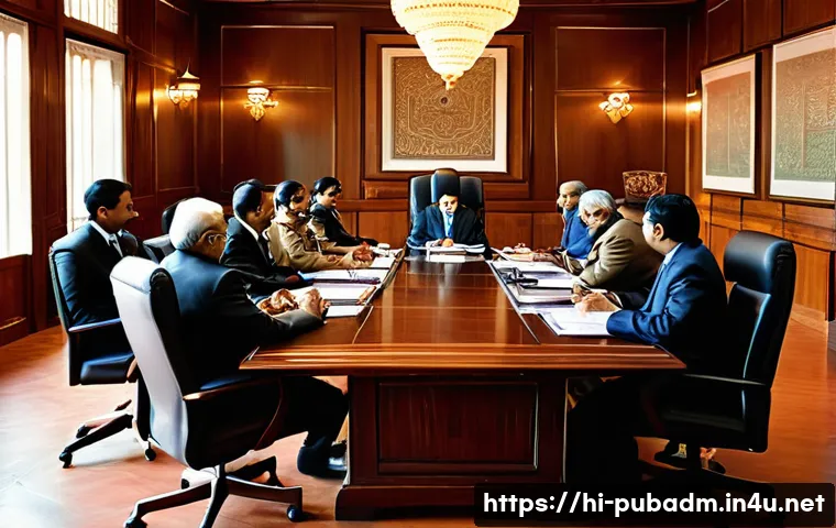 공공부문 윤리적 딜레마 - A dignified Indian government office scene featuring a diverse group of officials engaged in a serio...