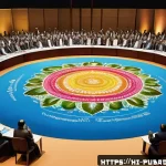 Home 22 공공정책 및 국제 협력 - A vibrant and detailed illustration of an international summit focused on global climate change agre...
