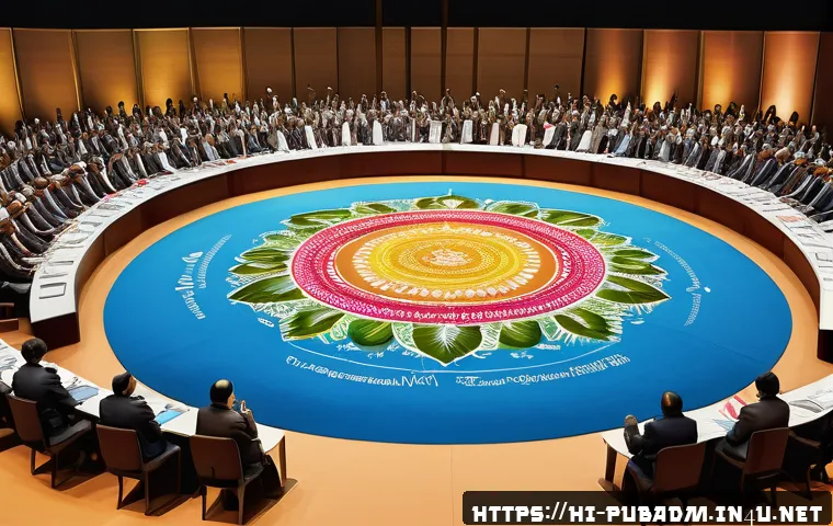 공공정책 및 국제 협력 - A vibrant and detailed illustration of an international summit focused on global climate change agre...