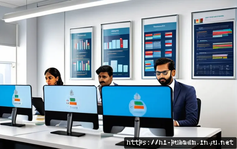 행정학과 정책 분석의 연계 - A detailed illustration of an Indian government administrative office setting, showing diverse admin...