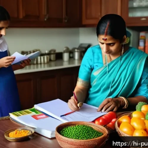 Home 31 정부 재정 정책과 공공예산 - A middle-class Indian family in a modest kitchen setting, carefully budgeting their grocery shopping...