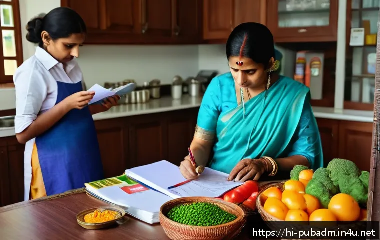 정부 재정 정책과 공공예산 - A middle-class Indian family in a modest kitchen setting, carefully budgeting their grocery shopping...