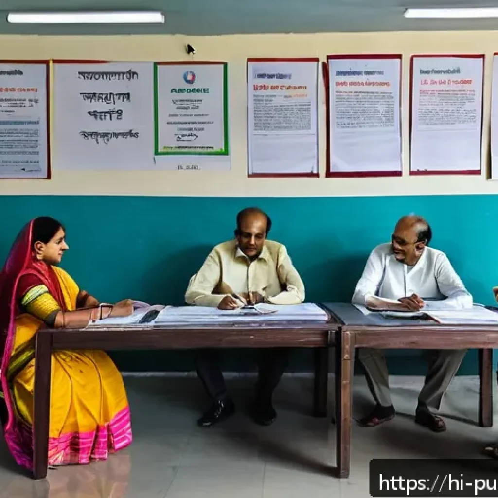공공행정학 이론 - A vibrant, detailed scene of a local government office in India featuring Hindi-speaking officials i...