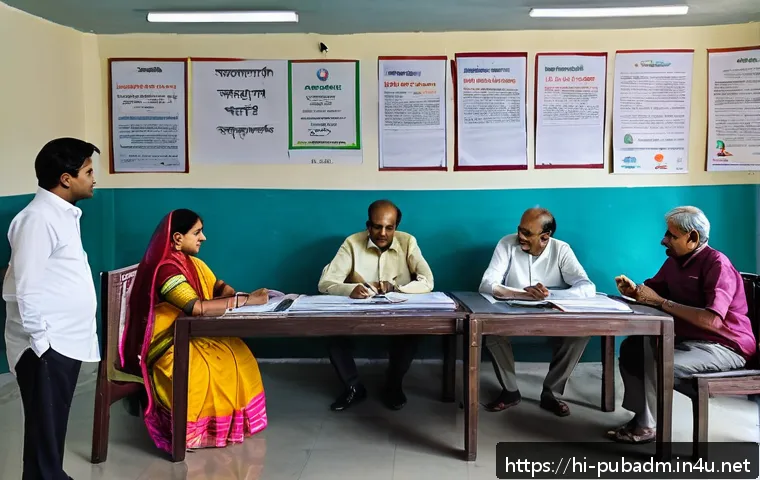 공공행정학 이론 - A vibrant, detailed scene of a local government office in India featuring Hindi-speaking officials i...
