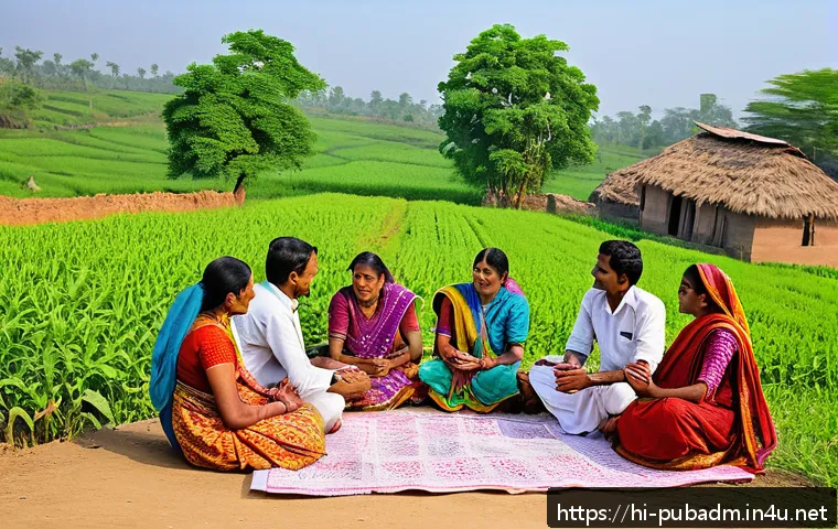 사회적 책임과 행정 정책 - A vibrant rural village meeting scene in India, with diverse villagers including men, women, and eld...