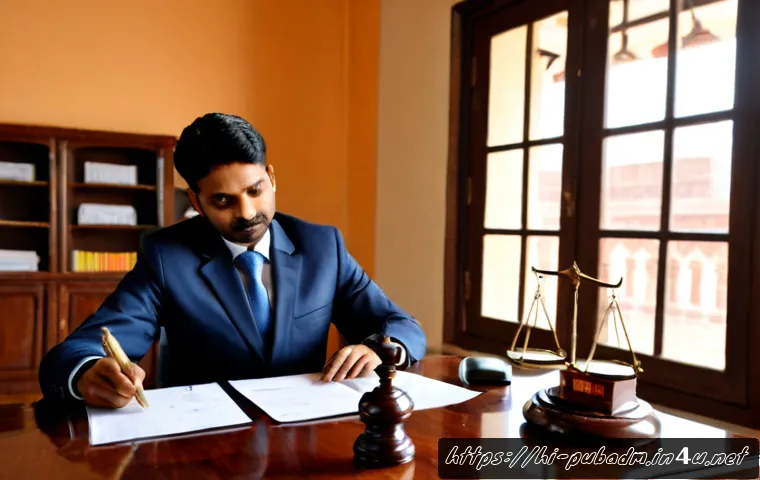 행정과 법적 측면 - Photorealistic Indian administrative office scene, a professional civil servant and a citizen seated...